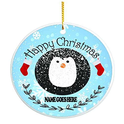 Blue Happy Christmas Personalised Penguin Ceramic hanging Tree Decoration