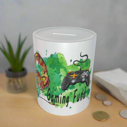 Money box with gaming-themed design on a white background