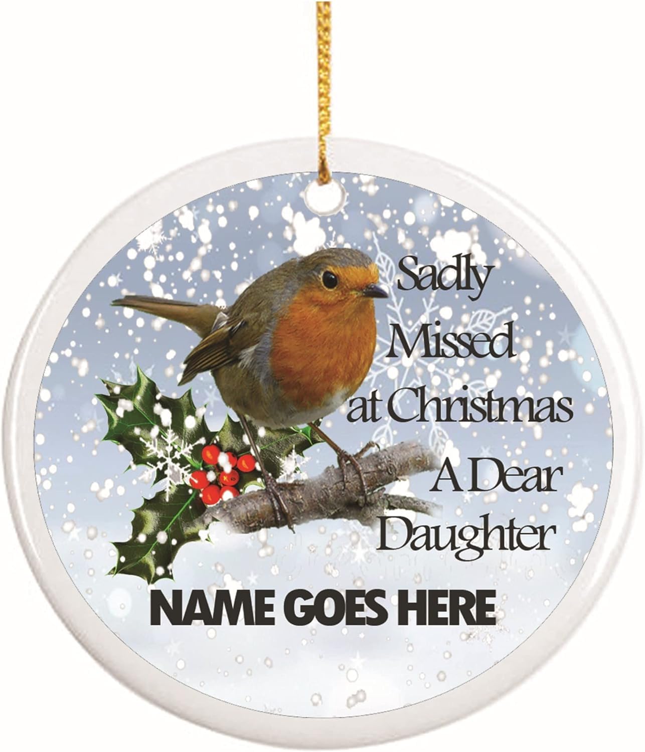 Sadly Missed Robin Remembrance Personalised Ceramic Christmas Tree Memorial Hanging Decoration,