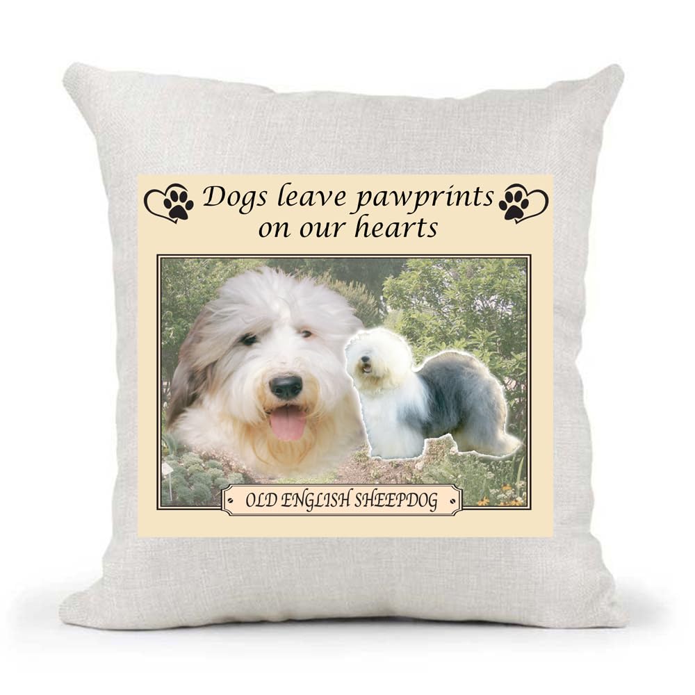 Old English Sheepdog Dogs Leave Pawprints on our Hearts Country Canvas Style Cushion Cover Gift