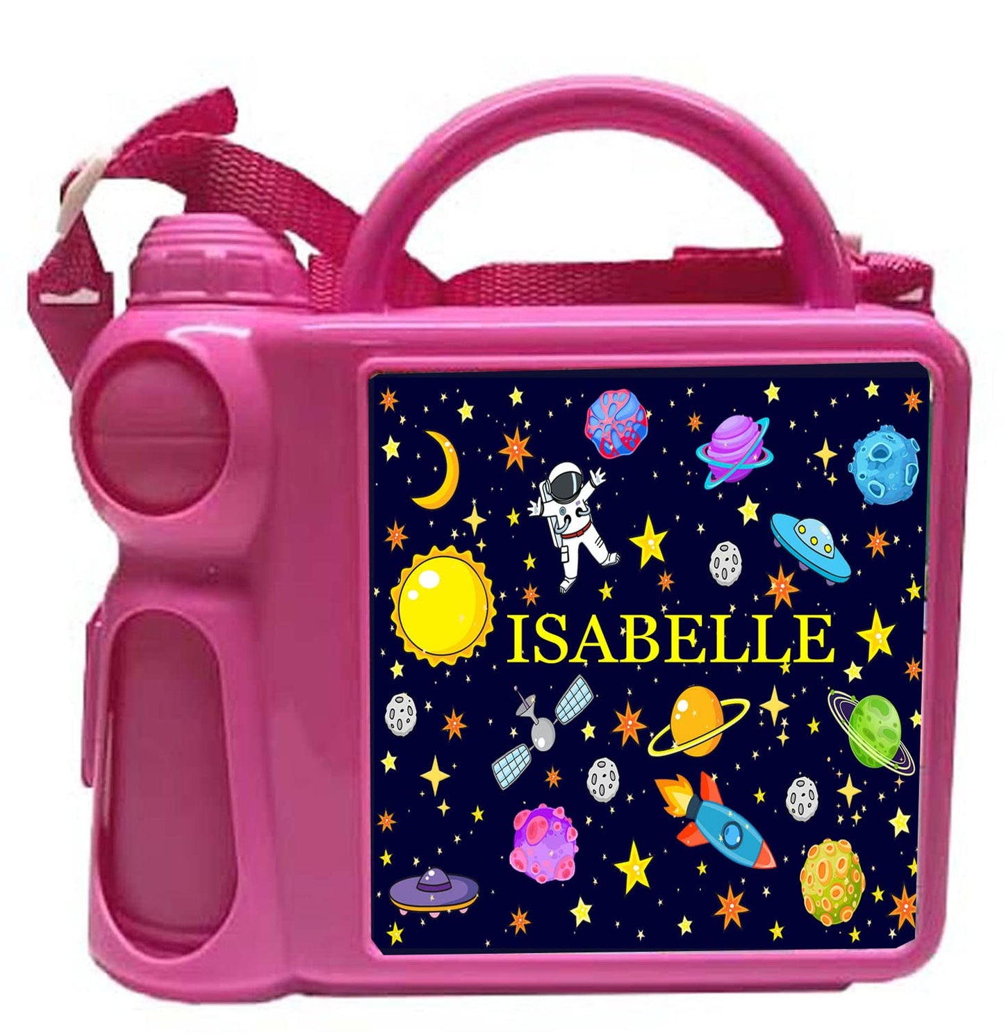 Junior Space Themed Personalised Design Plastic Lunch Box and Water Bottle Back to School Gift Set Available in Choice of 2 Colours