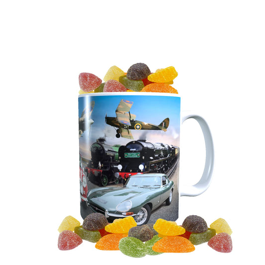 Planes Trains and Automobiles Classic Car & Transport Icons Mug with Choice of Sweets Gift