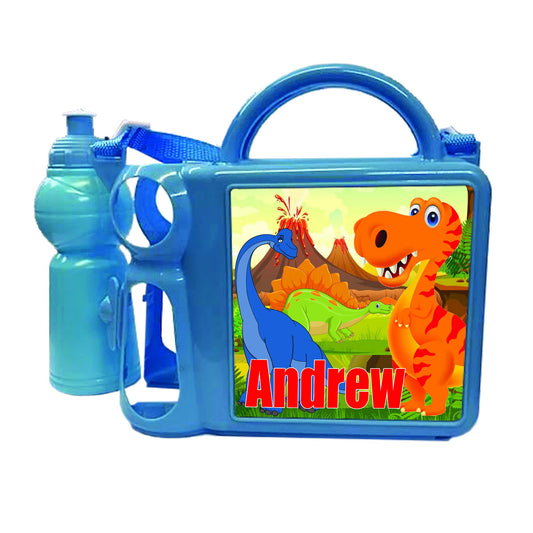 Personalised Dinosaur Plastic Lunch Box and Water Bottle Back to School Gift Set