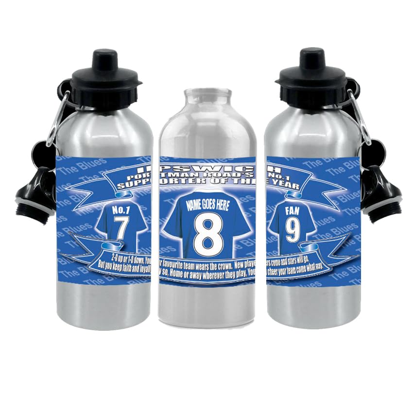 Ipswich Personalised Football Shirt Silver Aluminium Two Lid Unisex Water Bottle Gift