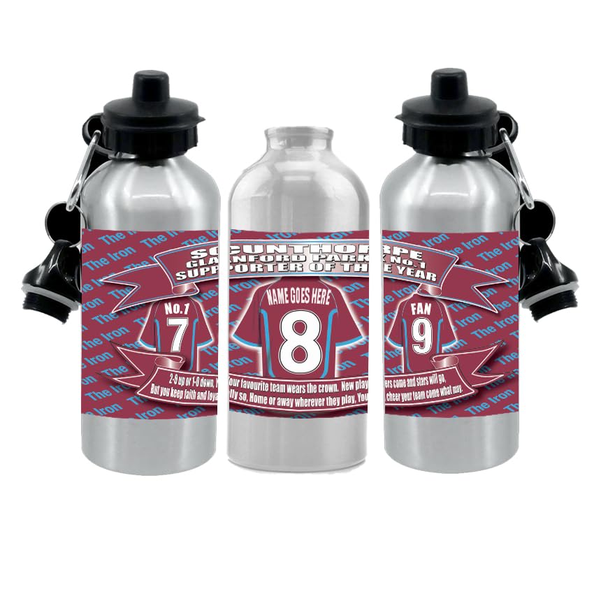 Scunthorpe Personalised Football Shirt Silver Aluminium Two Lid Unisex Water Bottle Gift