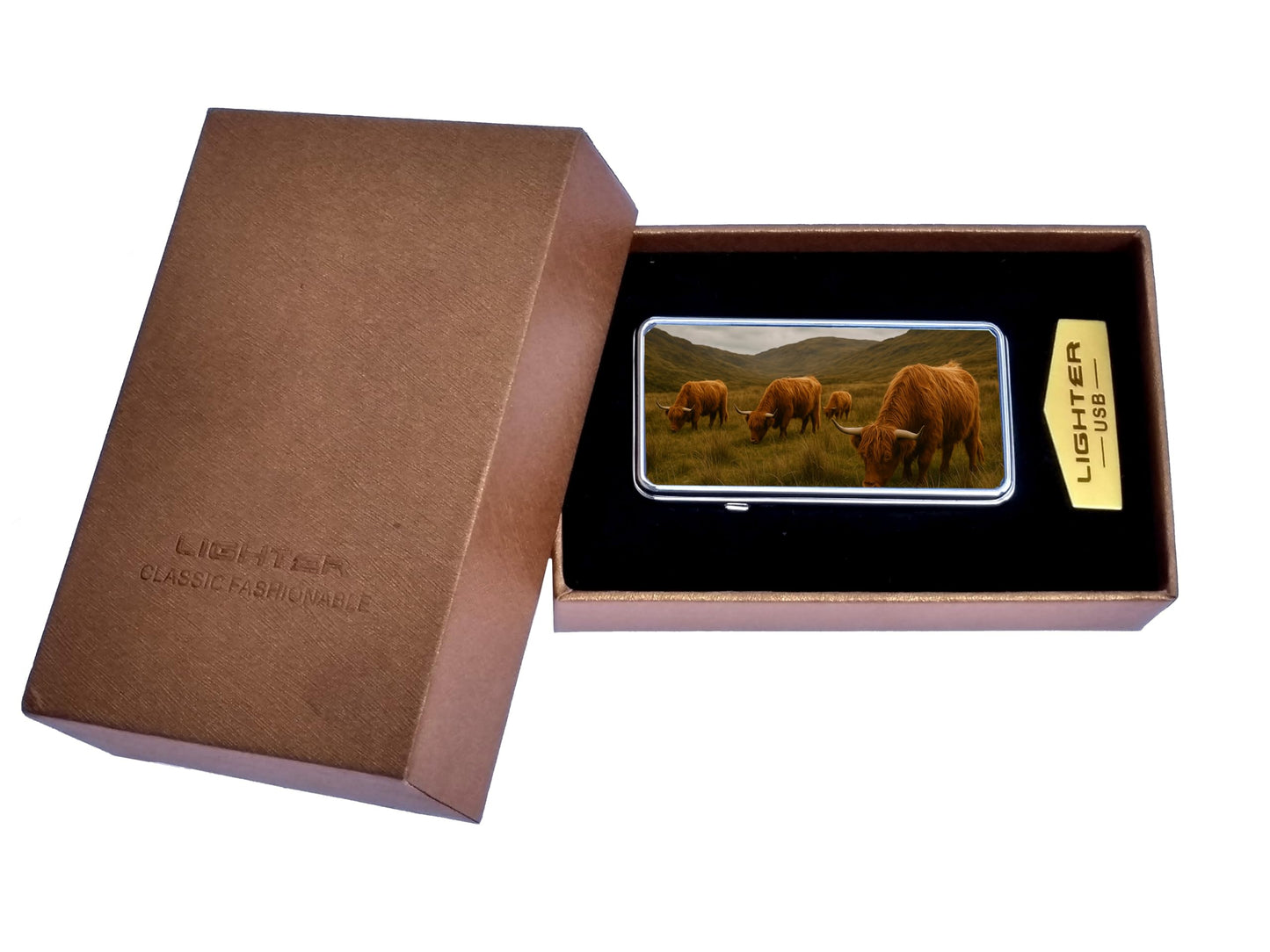 Scottish Highland Cow USB Rechargeable Lighter – Windproof Flameless Electric Coil with Cute Cow Design – Eco-Friendly USB for Candles, BBQ & Gifts