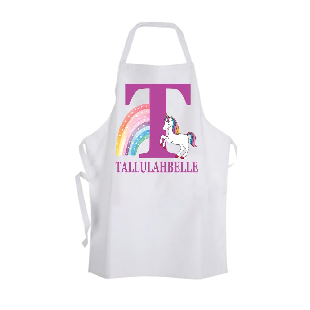Children's Kid's White Unicorn Rainbow Monogram Personalised Name Chef Pinny Apron Gift Present