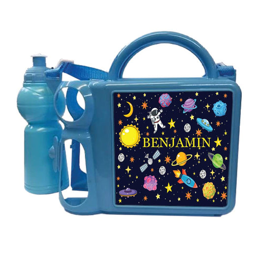 Junior Space Themed Personalised Design Plastic Lunch Box and Water Bottle Back to School Gift Set Available in Choice of 2 Colours