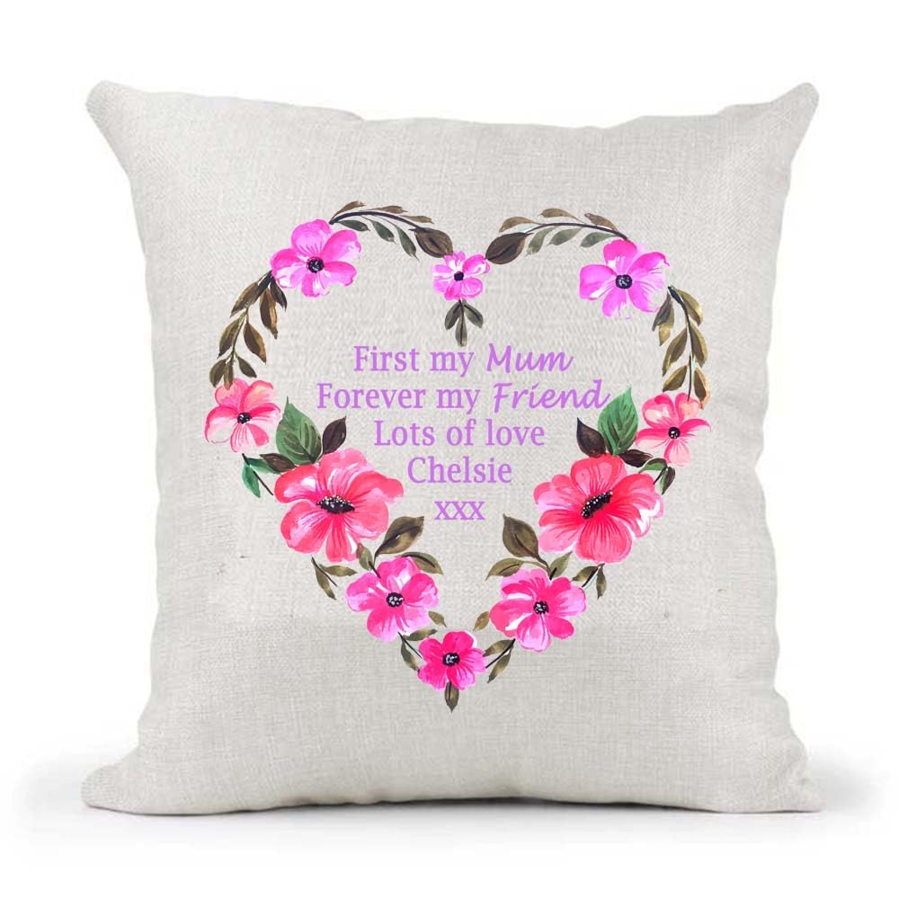 First my Mum Forever my Friend Floral Heart Mother's Day Birthday Present Country Canvas Cushion Cover Gift