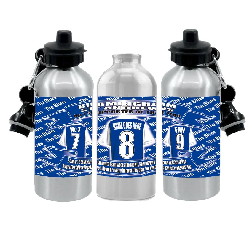 Birmingham Personalised Football Shirt Silver Aluminium Two Lid Unisex Water Bottle Gift