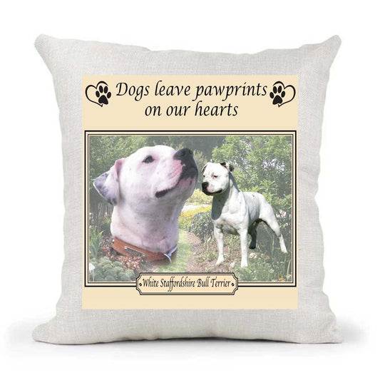 White Staffordshire Bull Terrier Staffy Dogs Leave Pawprints on our Hearts Country Canvas Style Cushion Cover Gift