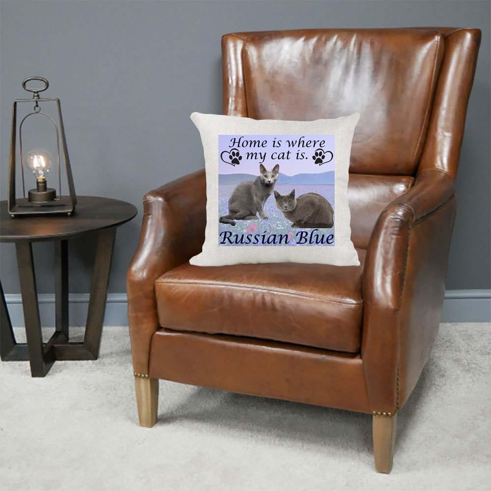 Russian Blue Breed Home is Where My Cat is Kitten Slave Owner Country Canvas Cushion Cover Gift