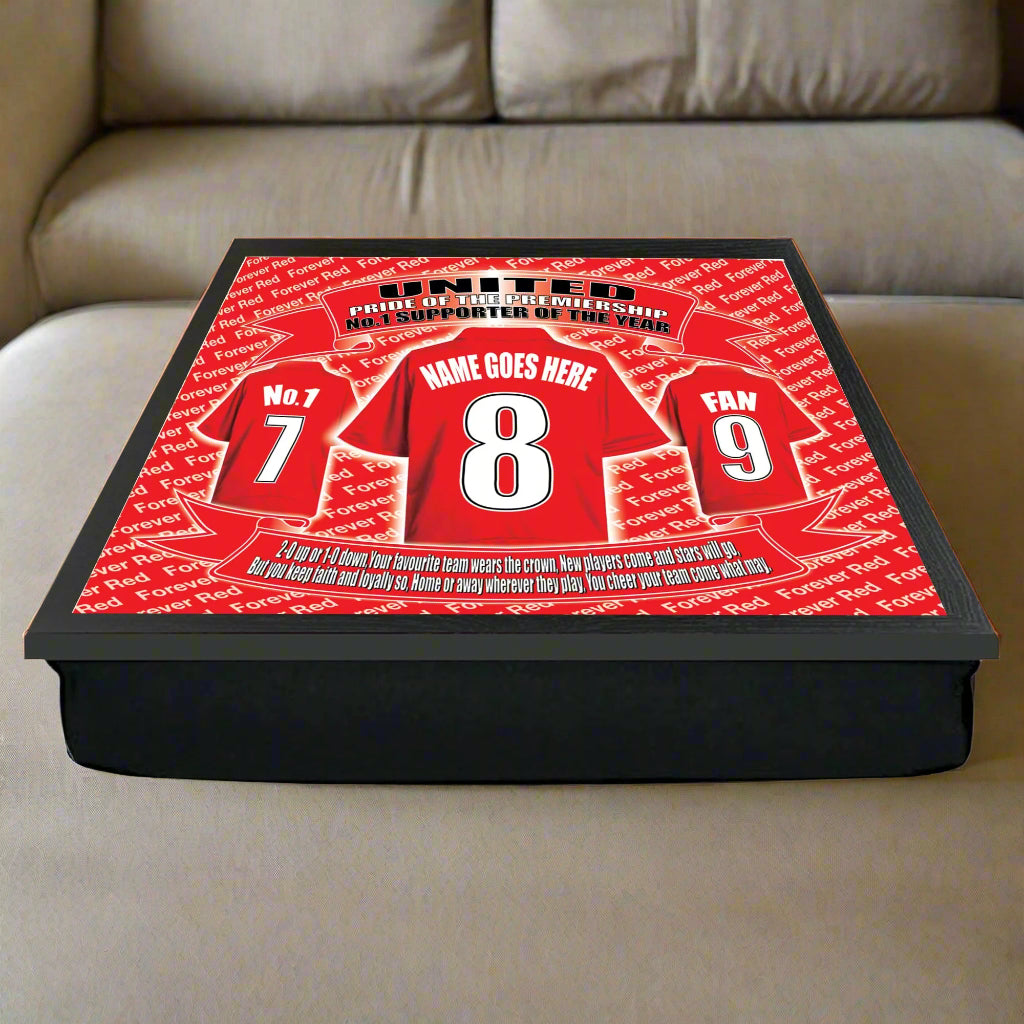 Personalized sports jersey design on a red background with text