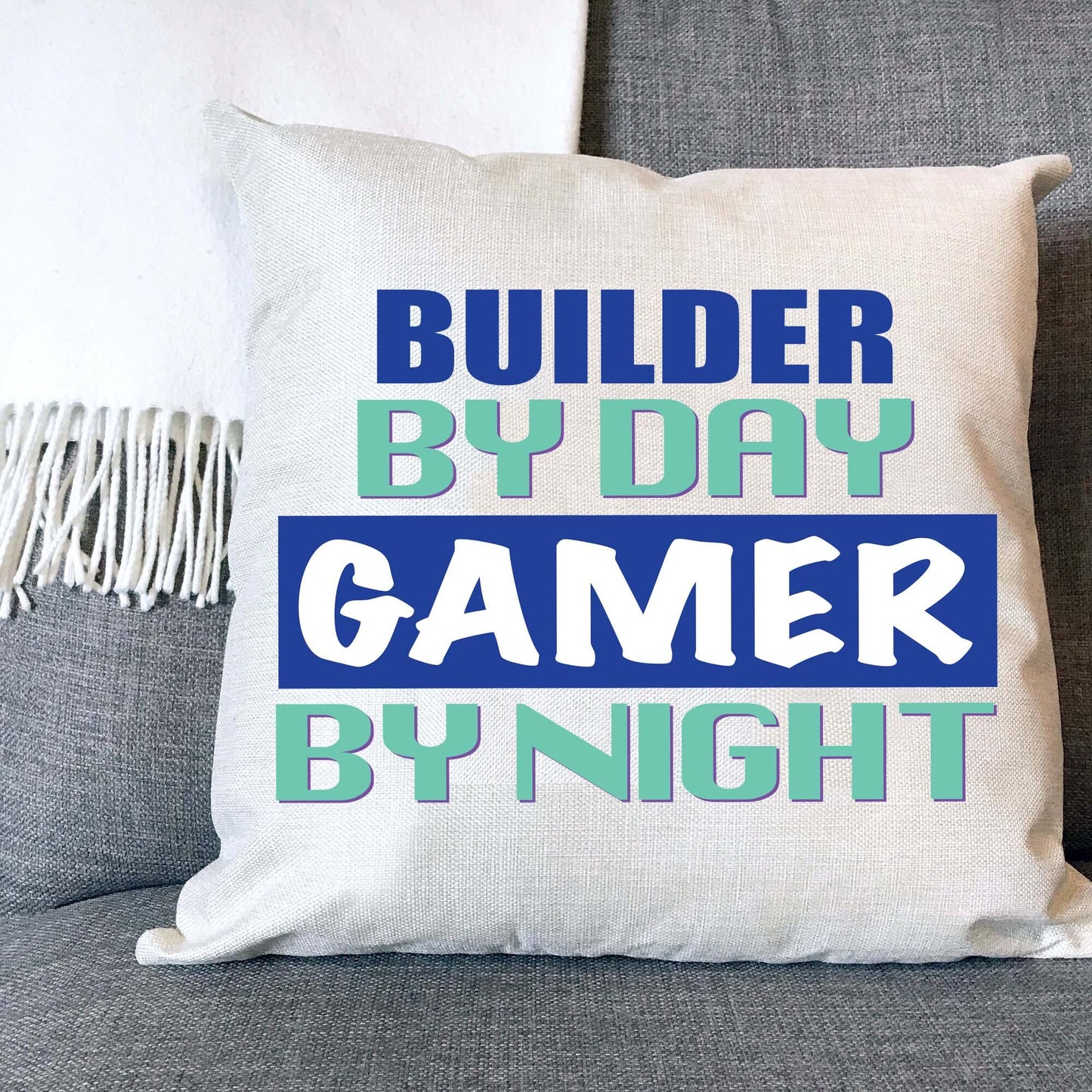 Gamer By Night With Personalised Occupation Naturally Woven Linen Style Cushion Cover Pillow Gift Available in Choice Of Two Colours