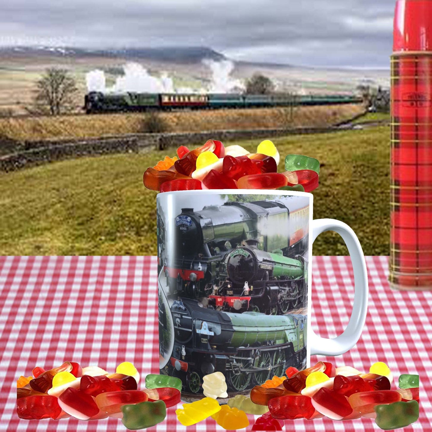 Classic Iconic Steam Locomotive Trains Mug with Choice of Sweets Gift