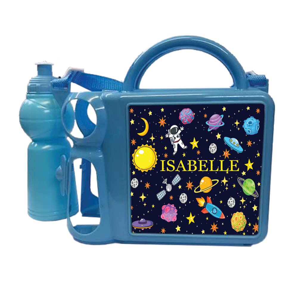 Junior Space Themed Personalised Design Plastic Lunch Box and Water Bottle Back to School Gift Set Available in Choice of 2 Colours
