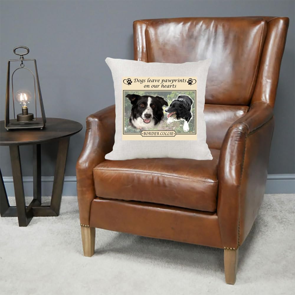 Border Collie Dogs Leave Pawprints on our Hearts Country Canvas Style Cushion Cover Gift