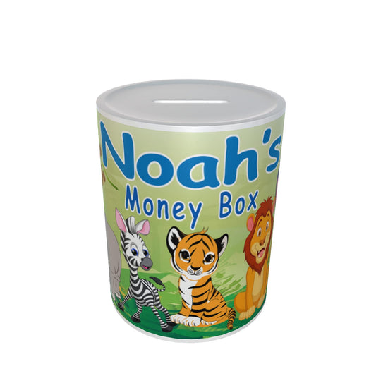 Personalised Kids Safari Jungle Animals Ceramic Piggy Bank Money Box Gift