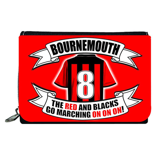 Red pouch with Bournemouth football club design featuring a shirt and text.