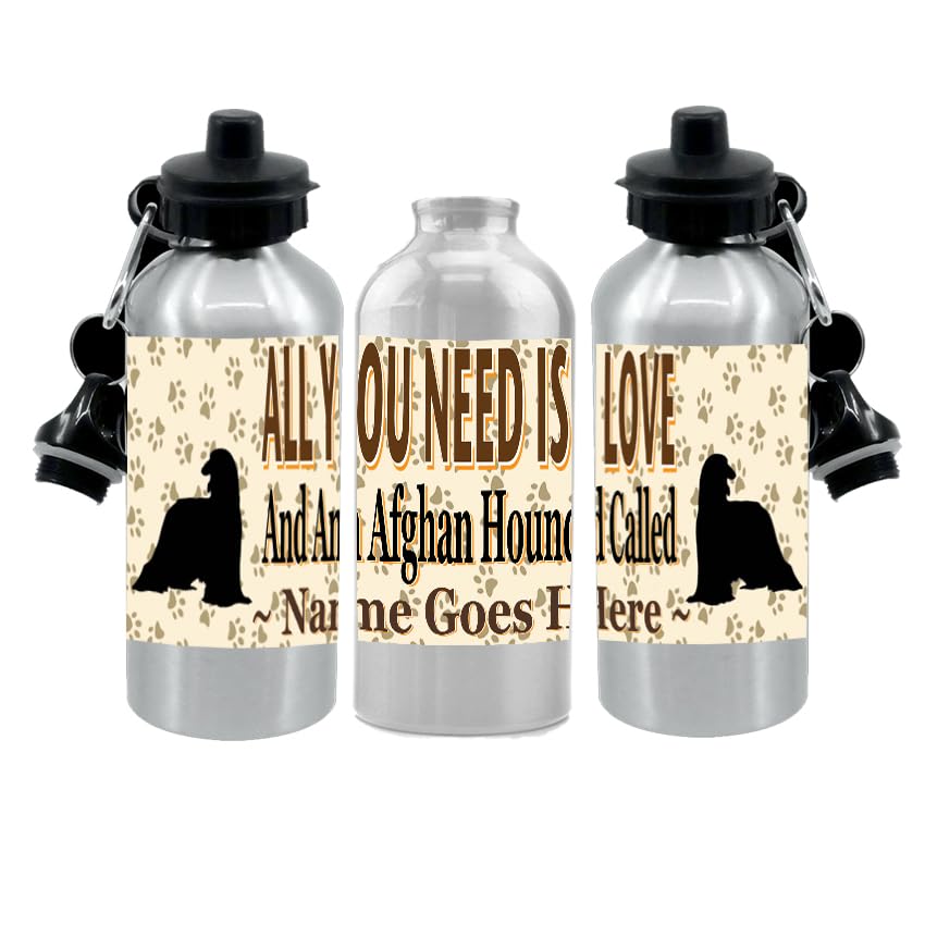 Personalised Afghan Water Bottle - All You Need Is Love - Silver Aluminium - Two Lids - Unisex Gift