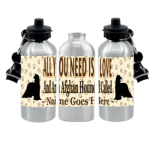 Personalised Afghan Water Bottle - All You Need Is Love - Silver Aluminium - Two Lids - Unisex Gift