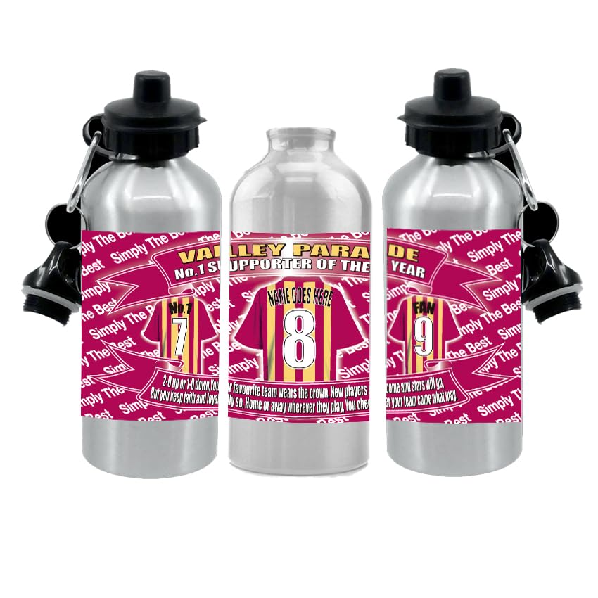Bradford Personalised Football Shirt Silver Aluminium Two Lid Unisex Water Bottle Gift