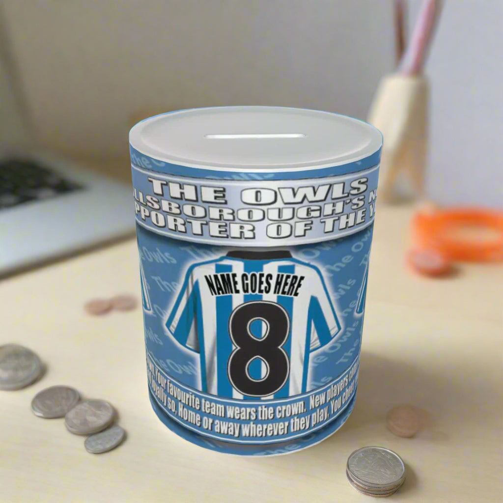 Money box with sports team design and customizable name and number