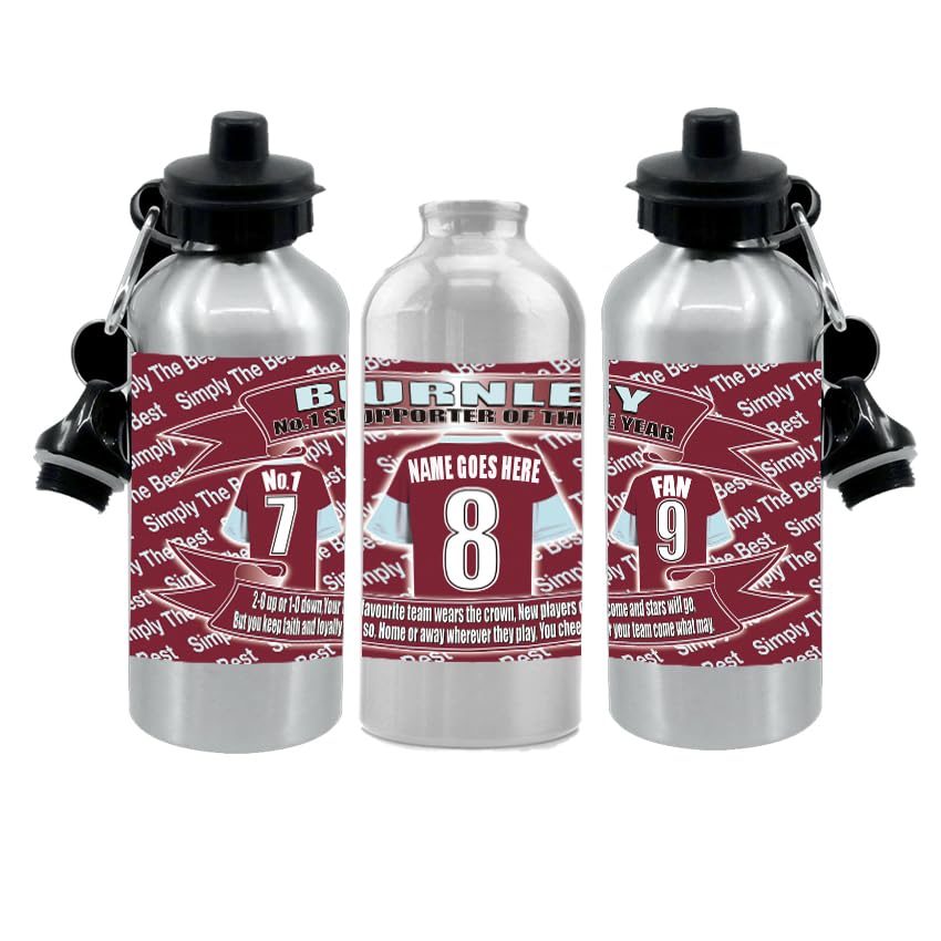 Claret (Burn) ley Personalised Football Shirt Silver Aluminium Two Lid Unisex Water Bottle Gift