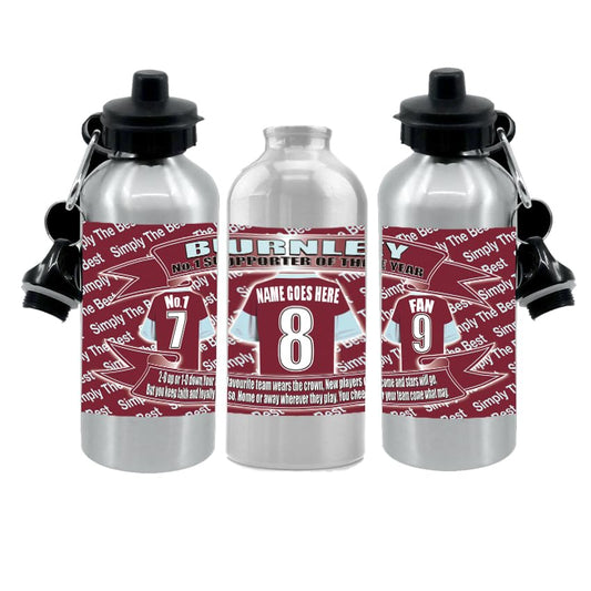 Claret (Burn) ley Personalised Football Shirt Silver Aluminium Two Lid Unisex Water Bottle Gift