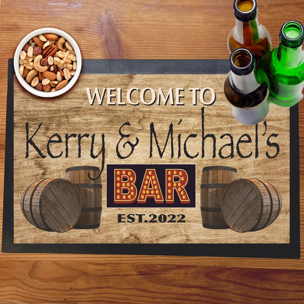 Welcome To Neon Style Text Bar Sign with Barrels to the Side Bar Mat Runner with Non- Slip Rubber Back and Personalised Name with Year Home, Pub, Coffee Shop, Venue, Garden, Bar Gift