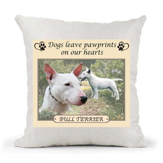 Bull terrier Dogs Leave Pawprints on our Hearts Country Canvas Style Cushion Cover Gift