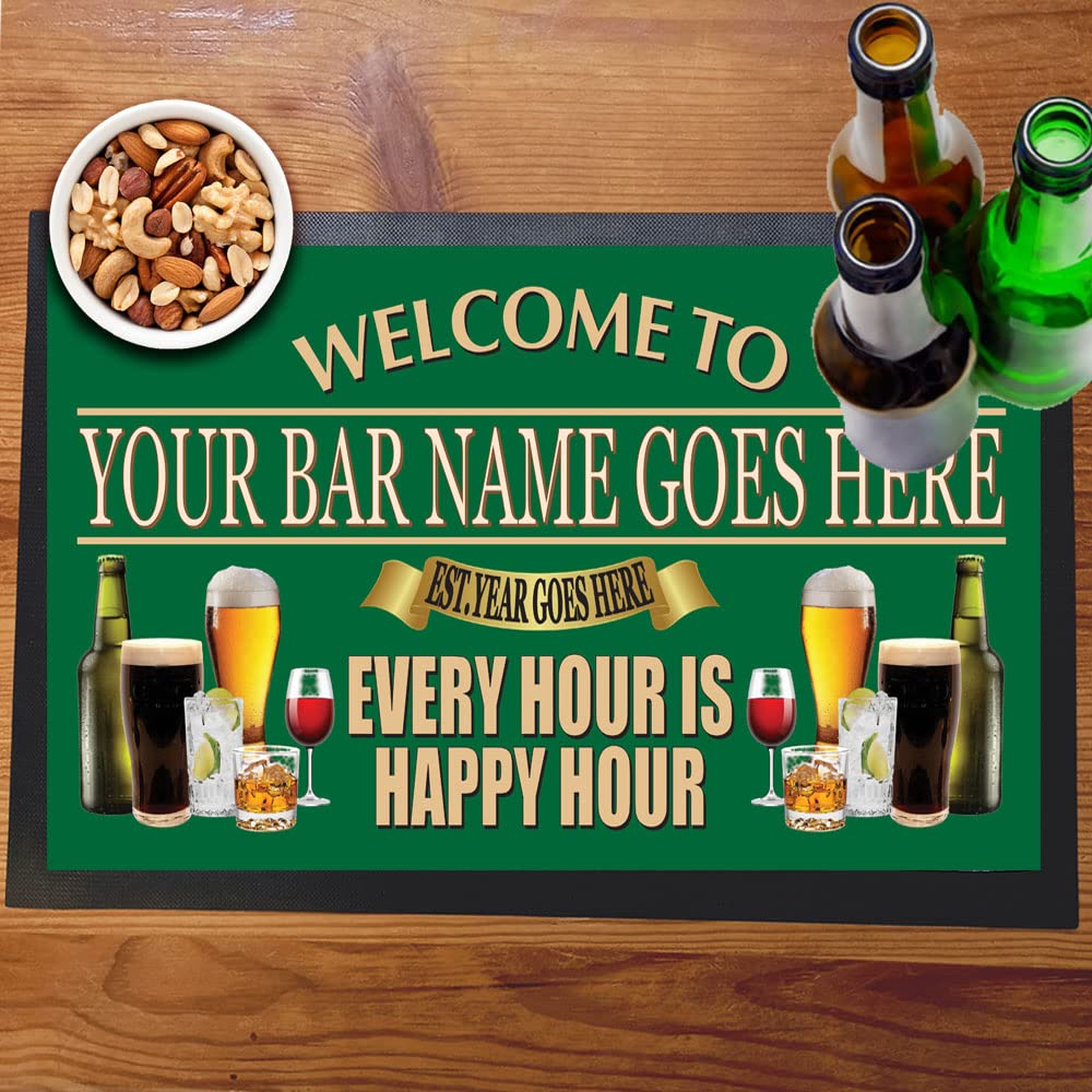 Welcome Every Hour Is Happy Hour Bar Mat Runner with Non- Slip Rubber Back and Personalised Name with Year Home, Pub, Coffee Shop, Venue, Garden, Bar Gift (Design 1)