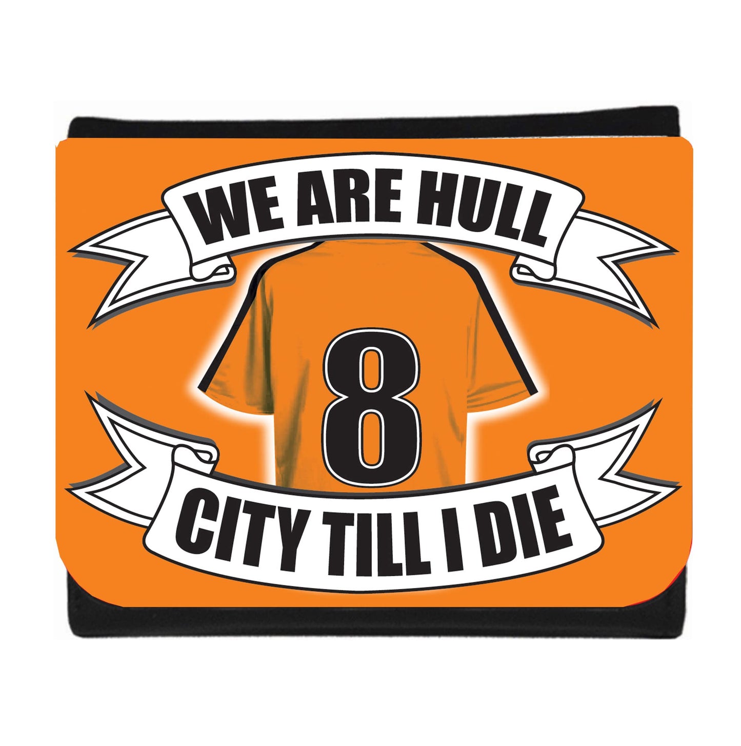 Orange pouch with 'We Are Hull City Till I Die' text and number 8 on an orange background