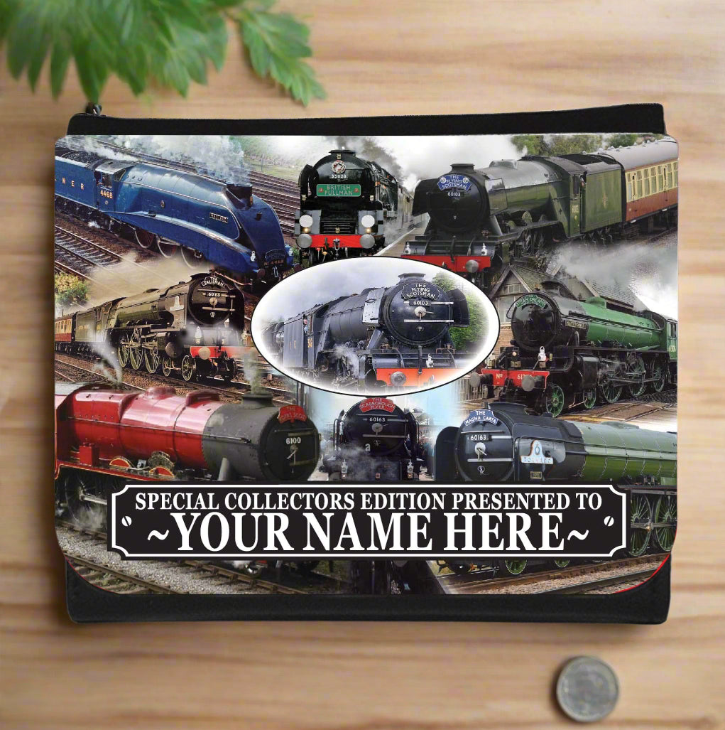 Collage of vintage steam locomotives on a pouch with customizable text.