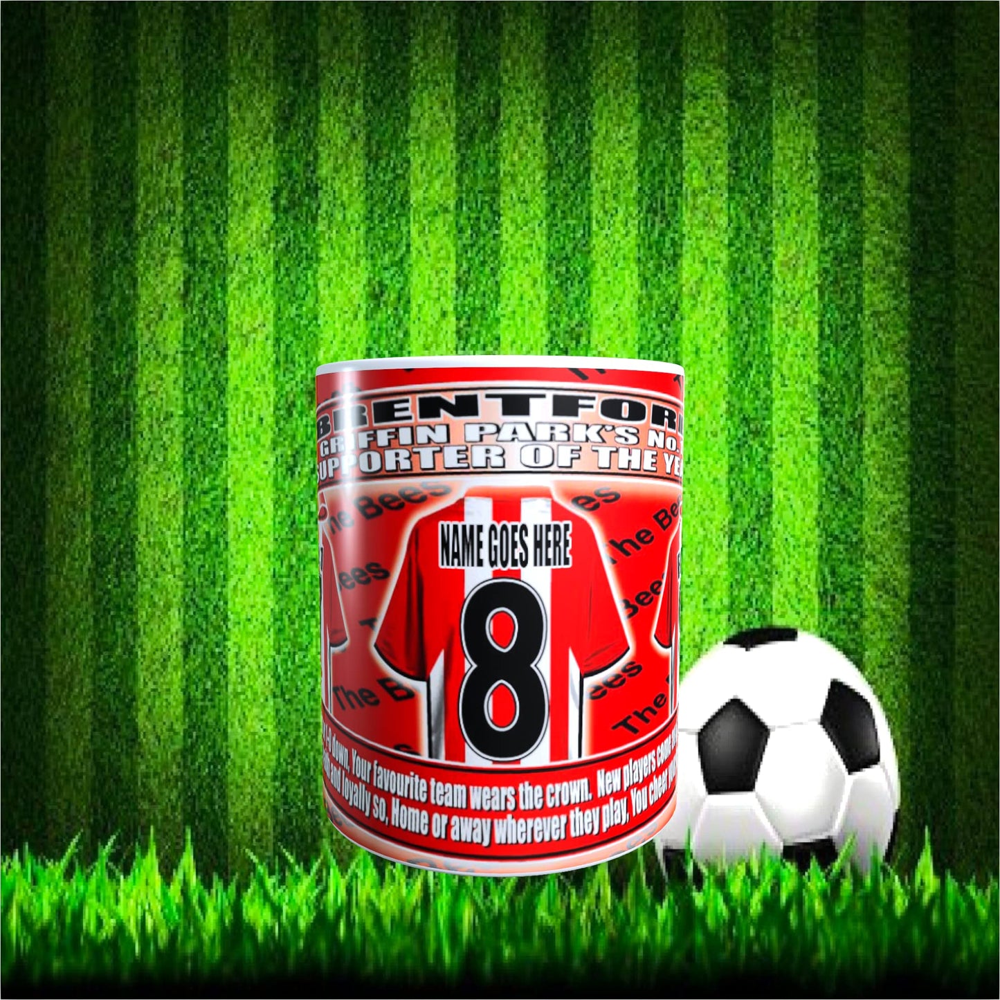 Brentford Football Team Shirt Personalised Mug Gift with Chocolate Footballs