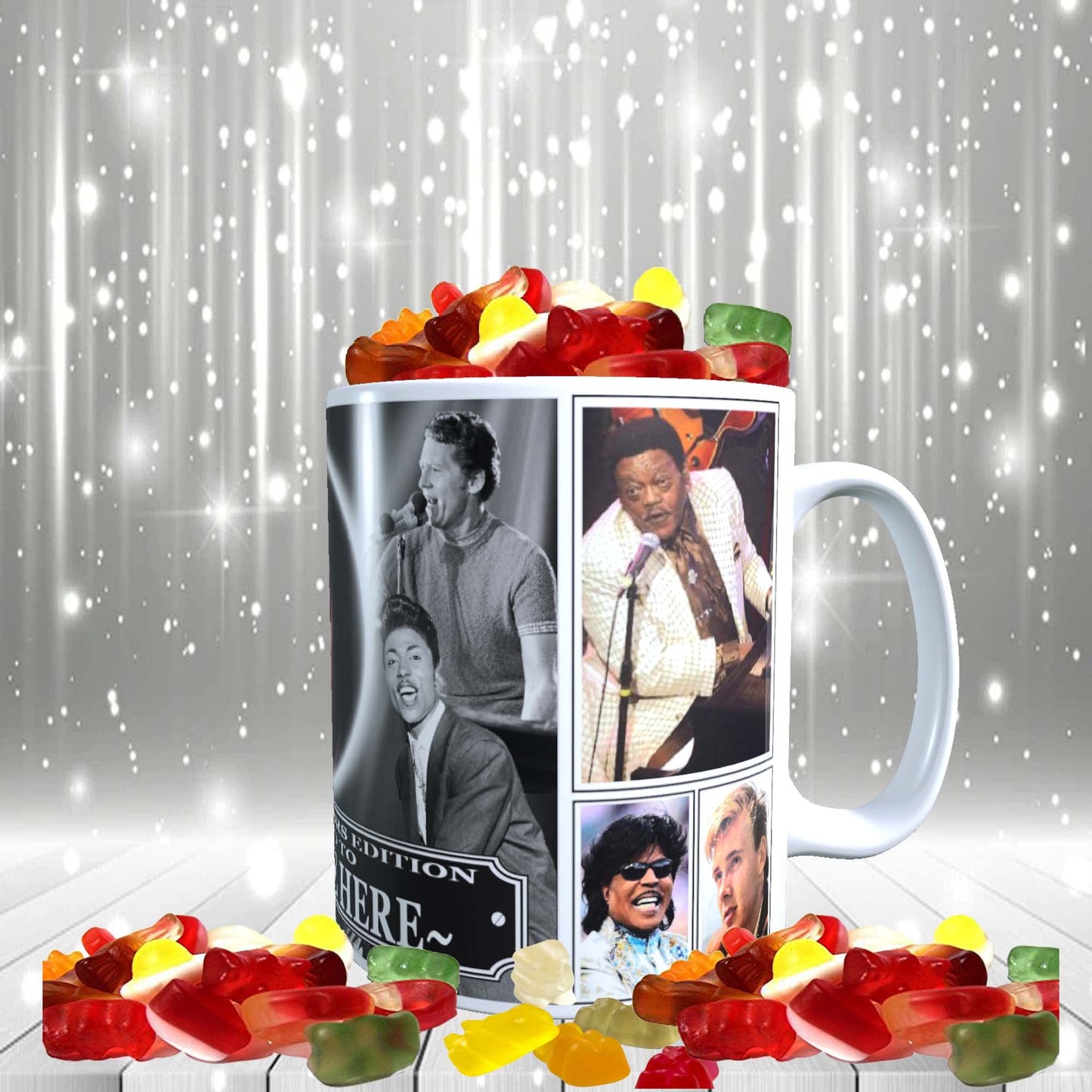 Rock n Roll Greats of 50s & 60s Personalised Music Icon Mug with Choice of Sweets Gift