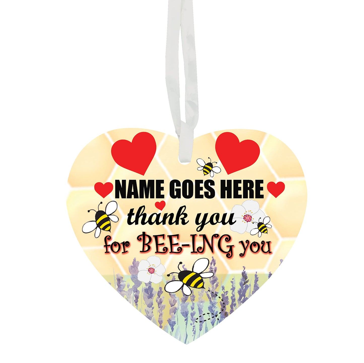Thank You For BEE-ING You Personalised Hanging Heart Ceramic Keepsake With Honeycomb Bee Hexagon Shape & Red Hearts Setting Gift