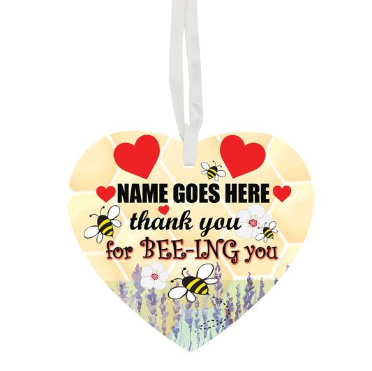 Thank You For BEE-ING You Personalised Hanging Heart Ceramic Keepsake With Honeycomb Bee Hexagon Shape & Red Hearts Setting Gift