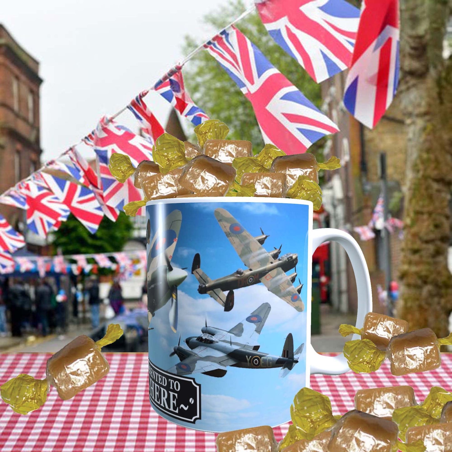 VE Day Battle of Britain WWII Iconic War Planes Spitfire Lancaster Personalised Mug with Choice of Sweets Gift