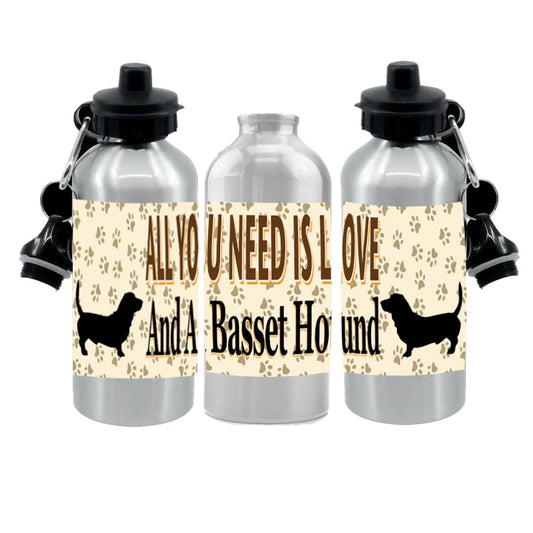 Basset Hound Water Bottle - All You Need Is Love - Silver Aluminium - Two Lids - Unisex Gift