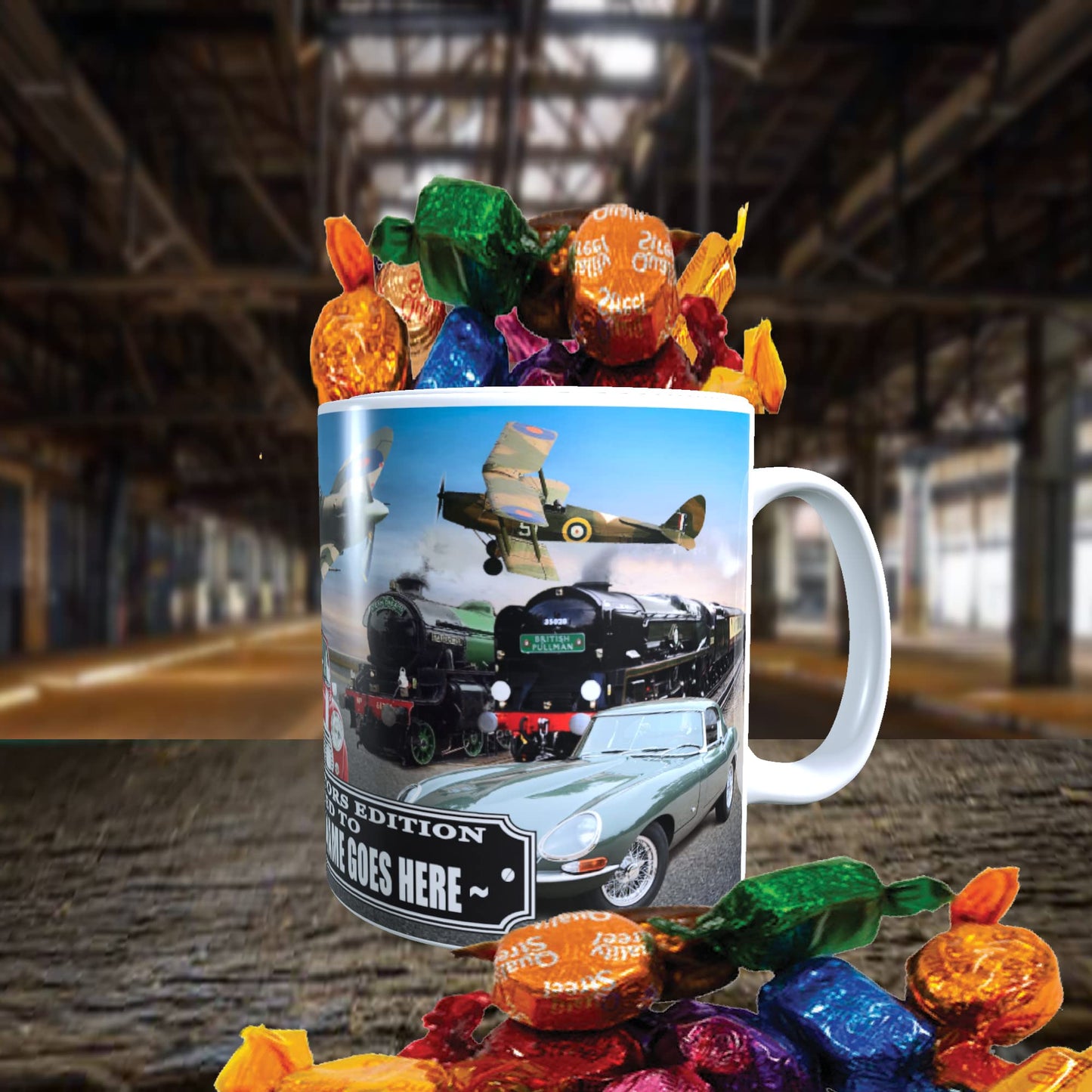 Planes Trains and Automobiles Classic Car Icons Personalised Mug with Choice of Sweets Gift