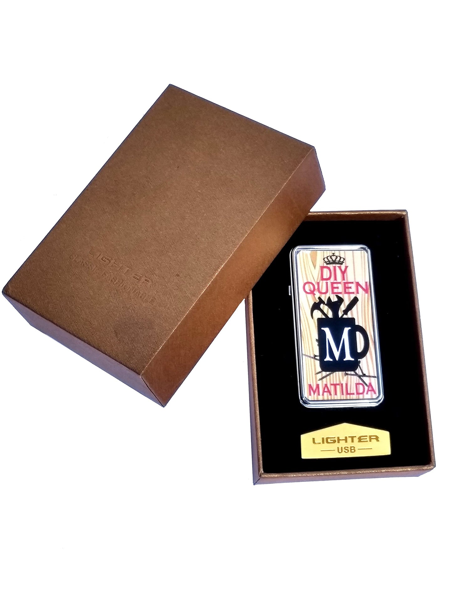 DIY Queen Personalised Rechargeable Gift Boxed Silver Metal USB Lighter