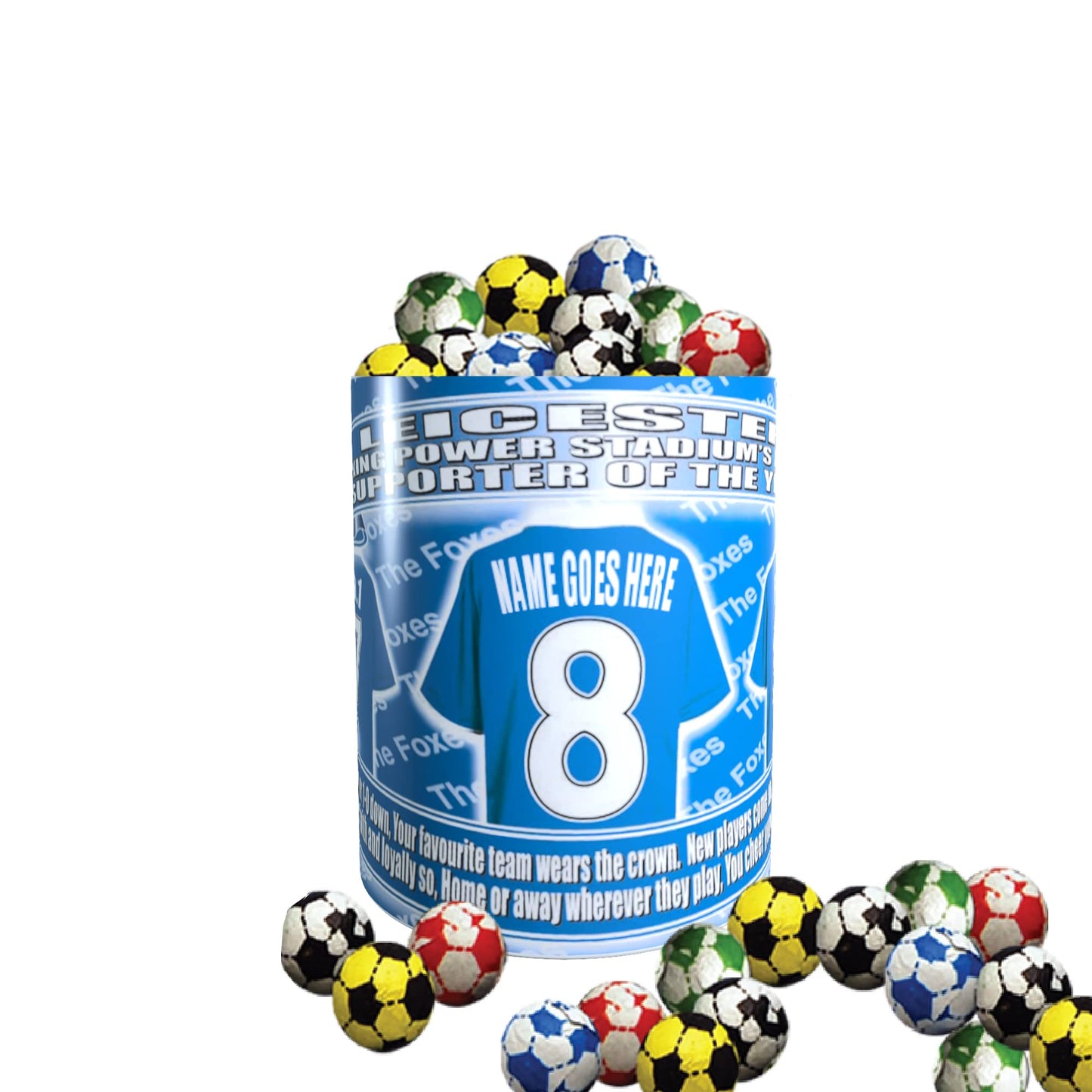 Leicester Football Team Shirt Personalised Mug Gift with Chocolate Footballs