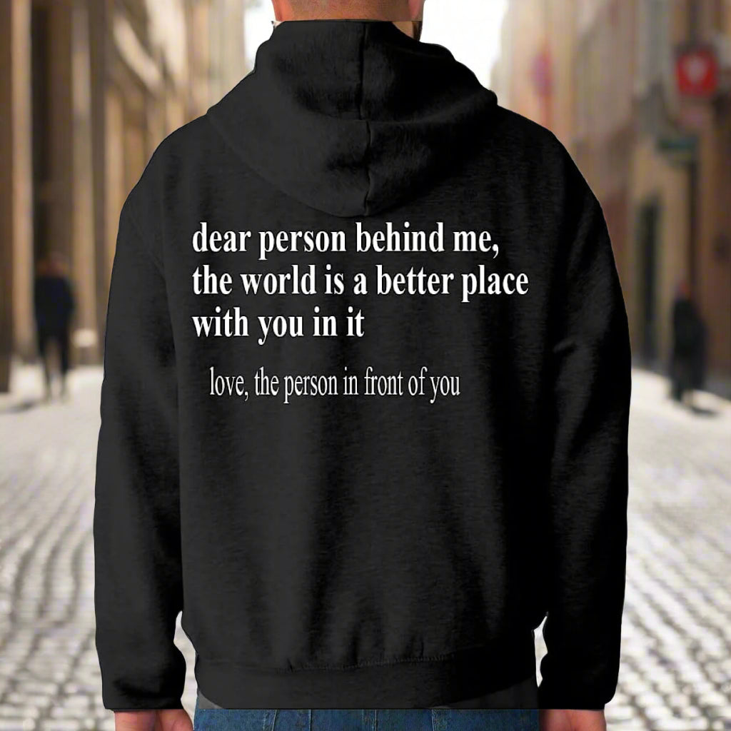 Black hoodie with a quote on the back on a white background