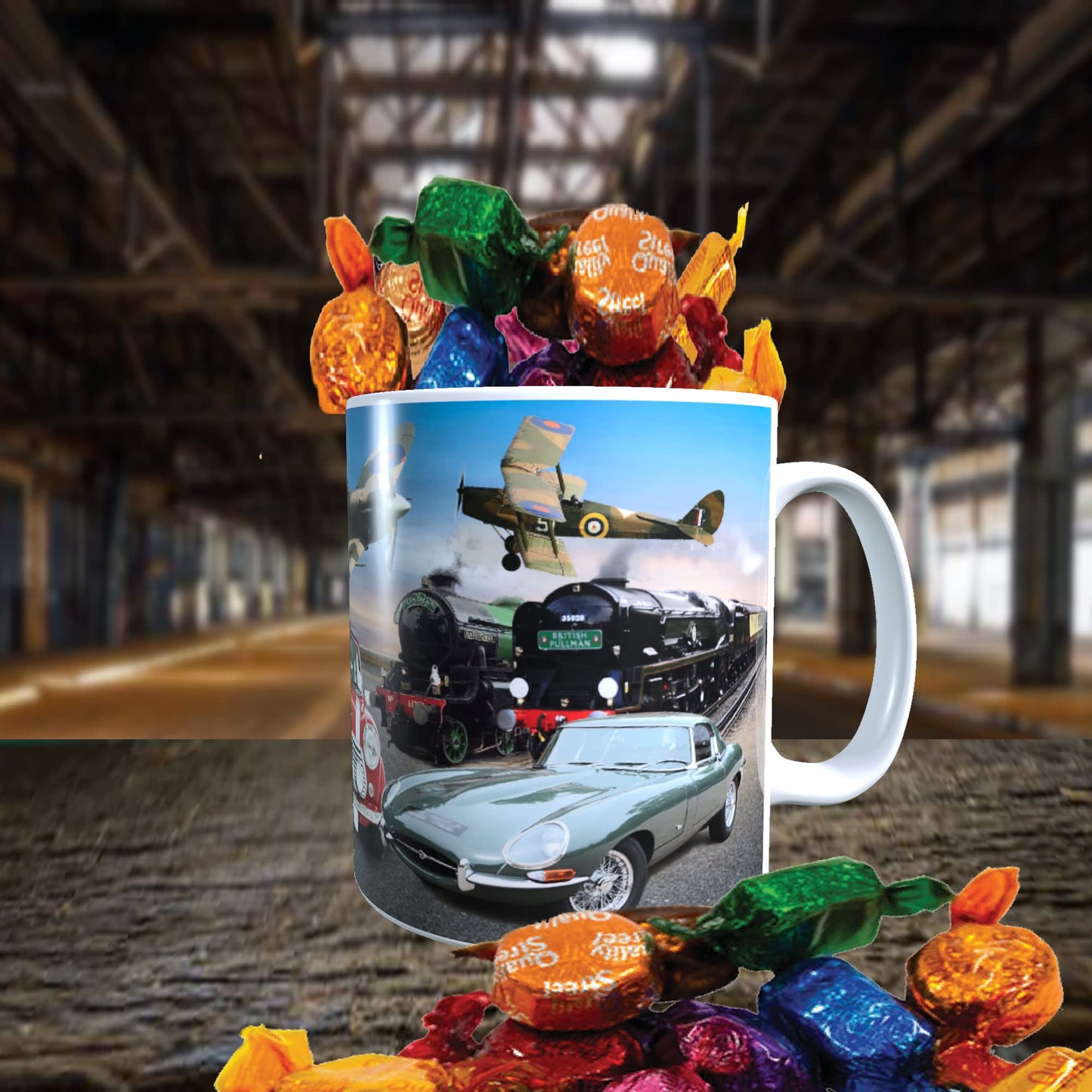 Planes Trains and Automobiles Classic Car & Transport Icons Mug with Choice of Sweets Gift