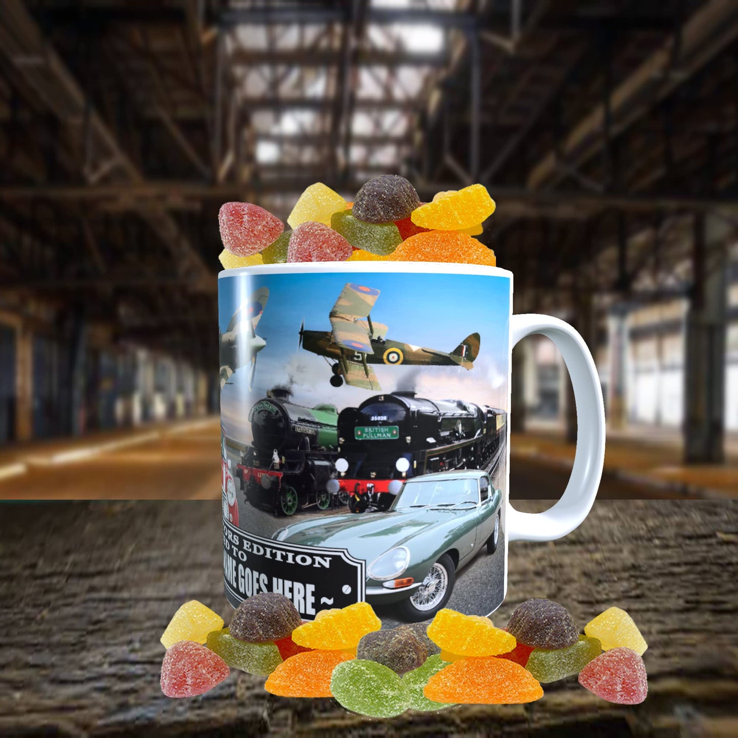Planes Trains and Automobiles Classic Car Icons Personalised Mug with Choice of Sweets Gift
