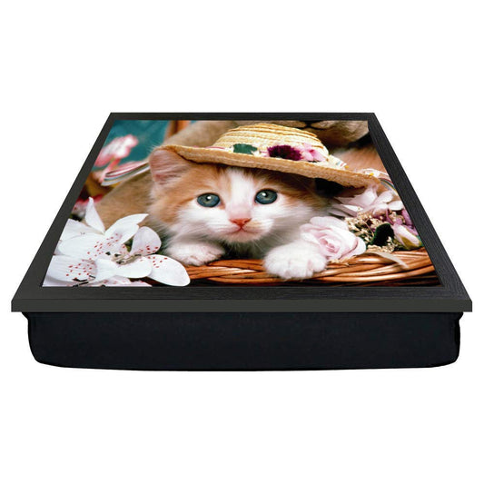 Cute Pussy Cat in a hat perched on a basket gift lap tray