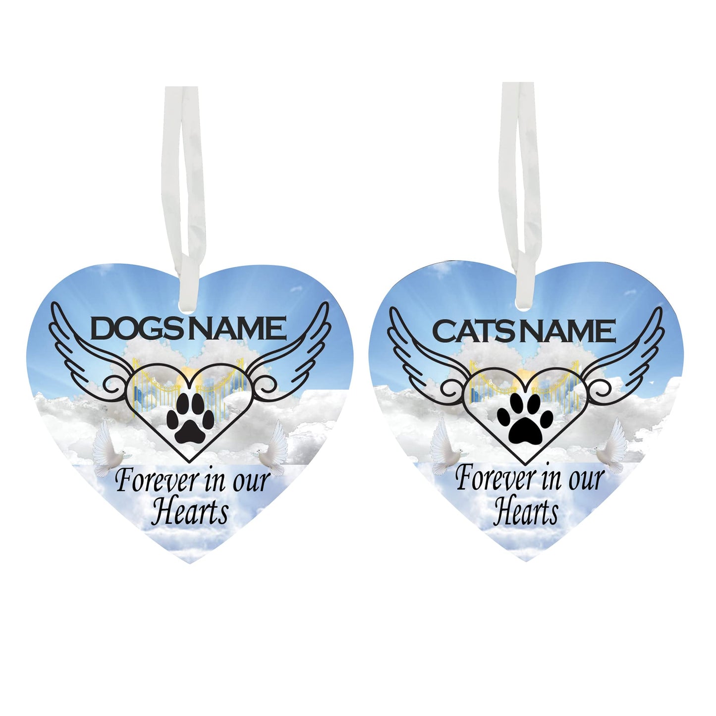 Forever In Our Hearts - Dog Paw - Cat Paw Heaven Personalised Remembrance Memorial Hanging Heart Ceramic Keepsake, White, 7 x 7cm