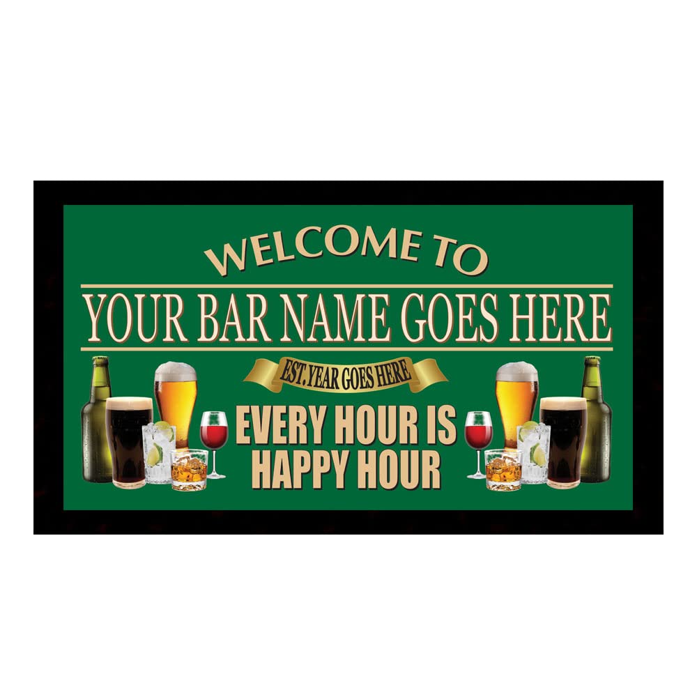 Welcome Every Hour Is Happy Hour Bar Mat Runner with Non- Slip Rubber Back and Personalised Name with Year Home, Pub, Coffee Shop, Venue, Garden, Bar Gift (Design 1)