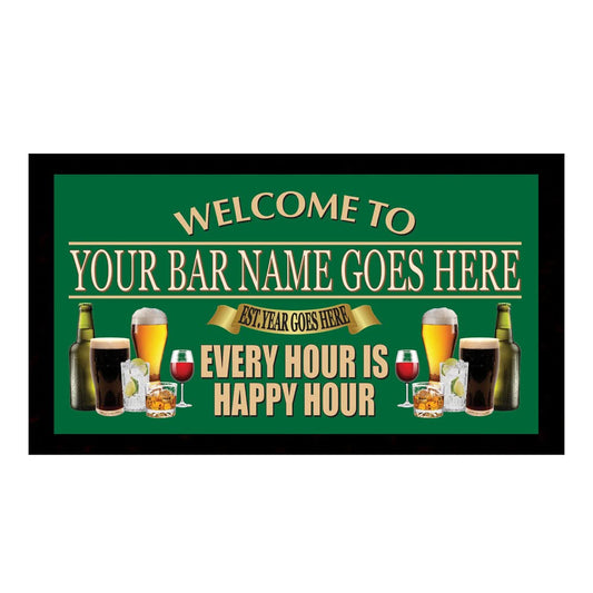 Welcome Every Hour Is Happy Hour Bar Mat Runner with Non- Slip Rubber Back and Personalised Name with Year Home, Pub, Coffee Shop, Venue, Garden, Bar Gift (Design 1)